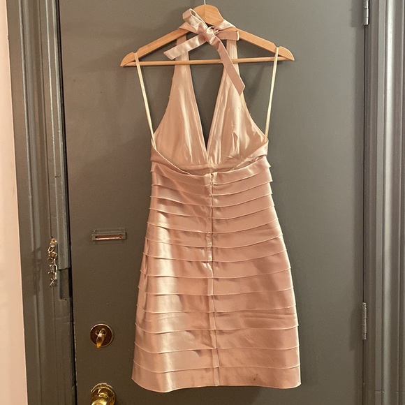 BCBGMaxAzria Champagne Satin Bandage Cocktail Dress with Halter Neck - Picture 3 of 6